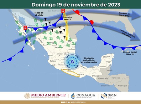 Las masas de aire polar de dos frentes fríos coinciden en México: ruta y estados afectados de los frentes fríos 10 y 11